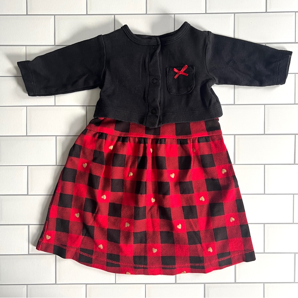 0-3M🎄 Hudson Baby Gold Heart Red Black Buffalo Plaid Dress & Cardigan 2pc Set